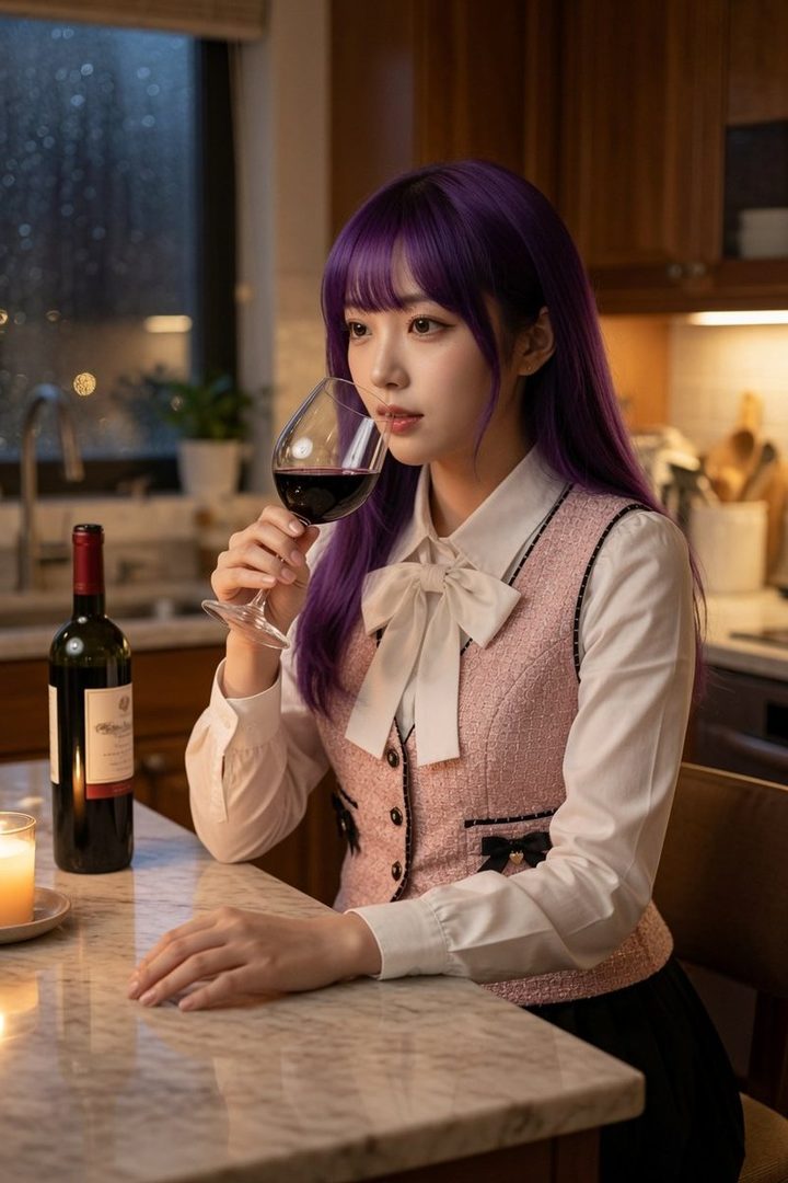 A young woman with long purple hair and bangs, wearing a white blouse and a pink vest, sips red wine at a table indoors.