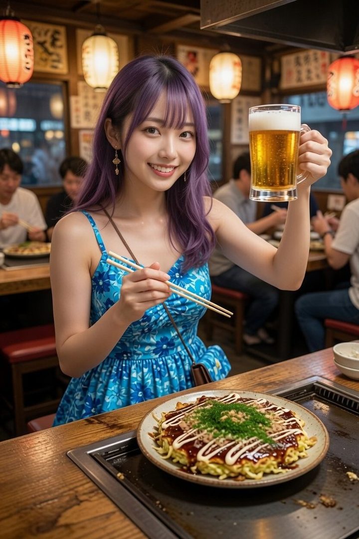 A young woman with purple hair smiles while holding a beer and chopsticks in a restaurant with a plate of food in front of her.