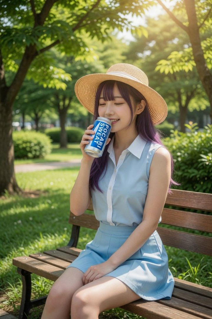A young woman with purple hair and a straw hat sits on a park bench, drinking from a can of Pocari Sweat.