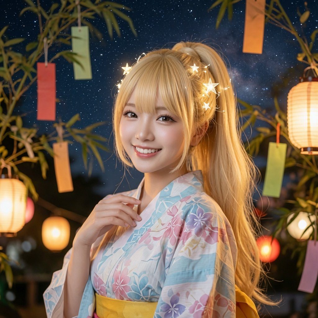 A smiling woman with blonde hair in a ponytail and star-shaped hair accessories wears a floral yukata under a starry night sky with bamboo decorations and lanterns.