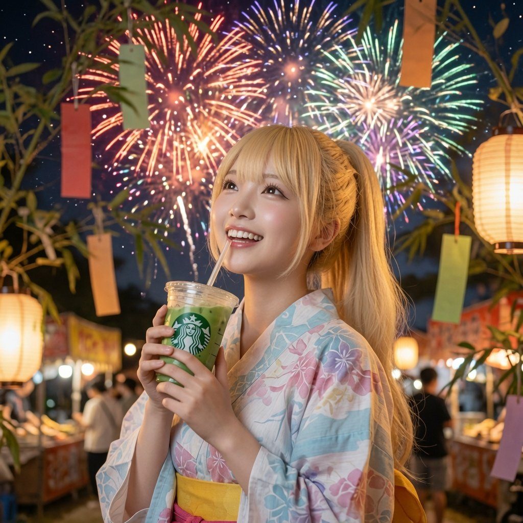 A blonde woman in a kimono smiles while holding a Starbucks drink, with fireworks and lanterns in the background at night.
