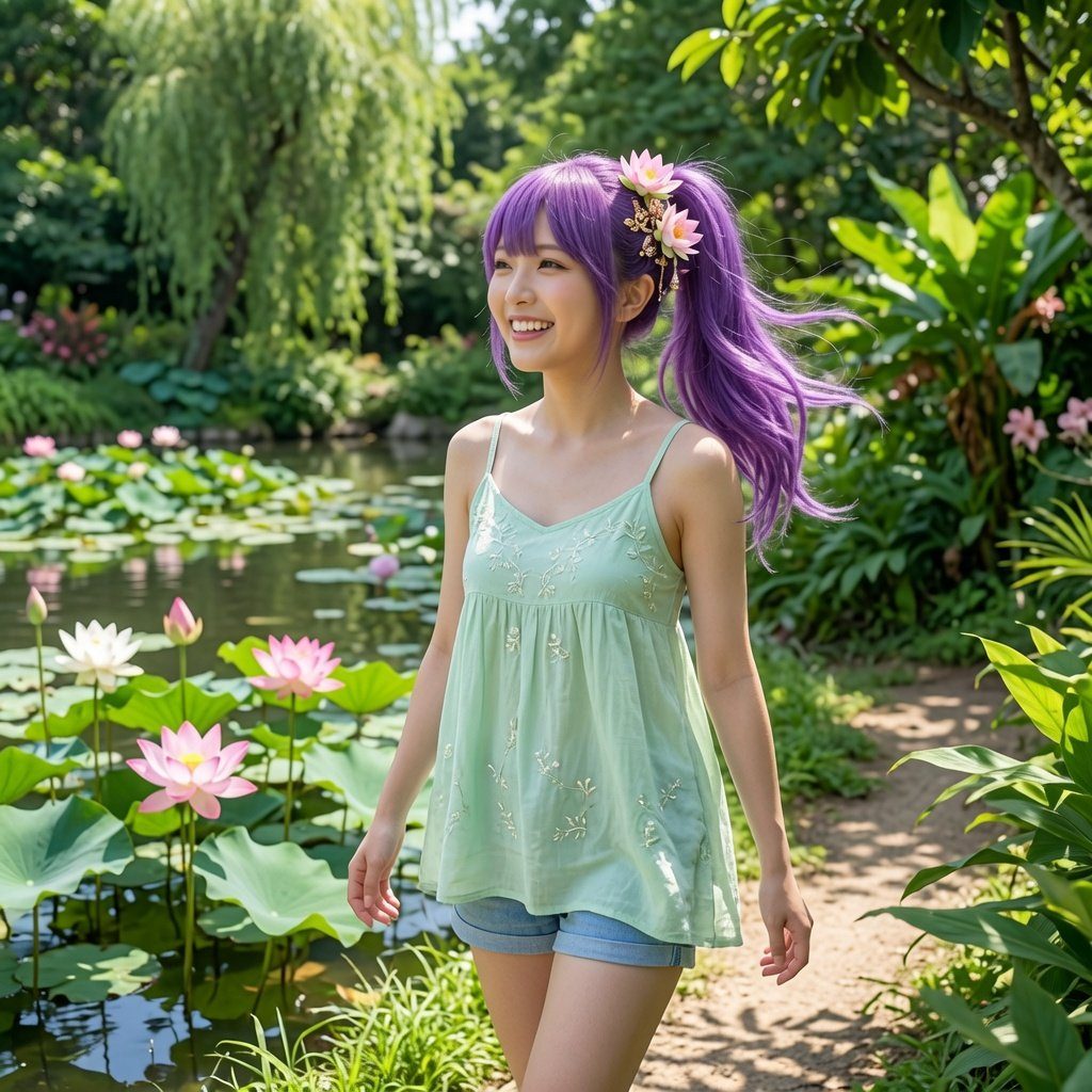 A young woman with purple hair and a light green top smiles while walking by a pond with water lilies in a lush garden.