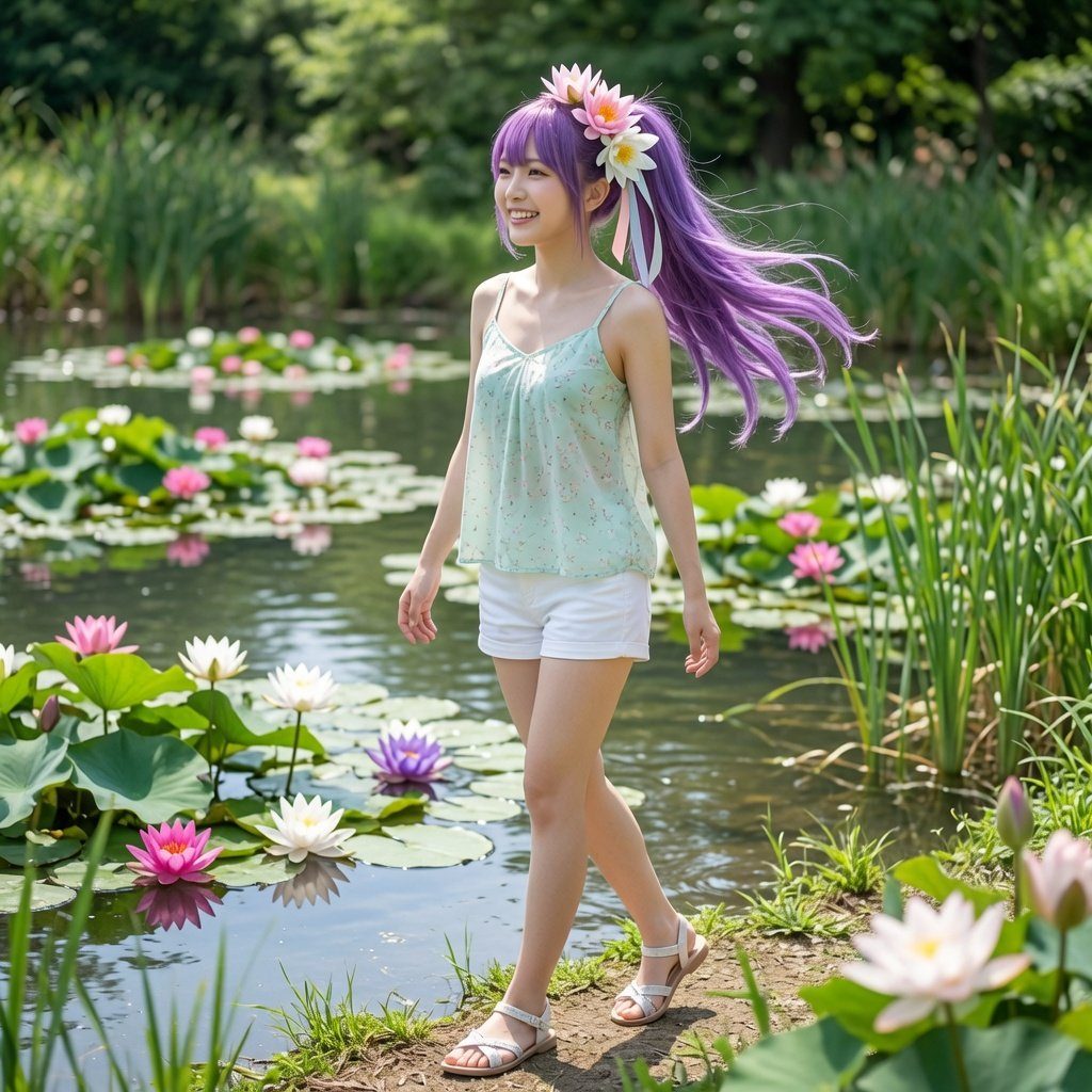A young woman with long purple hair and a flower crown smiles while walking beside a pond filled with water lilies.