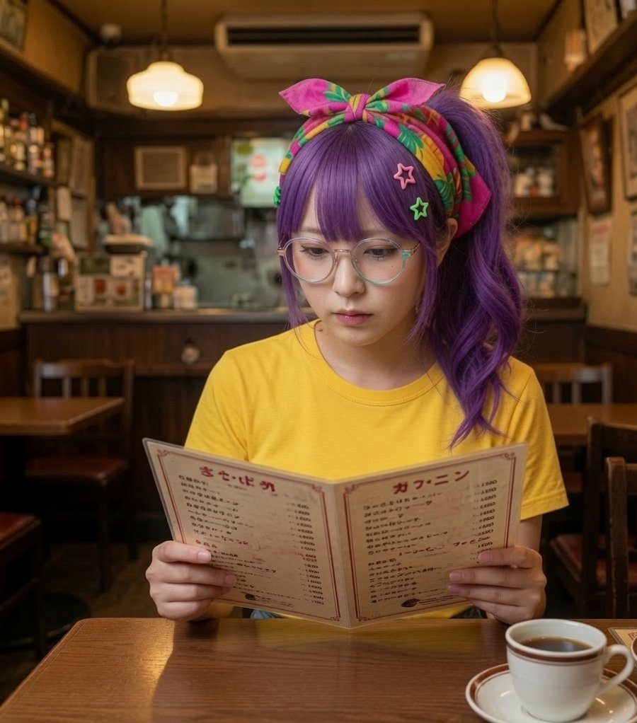 A young woman with purple hair and a colorful headband reads a menu in a cozy cafe, with a cup of coffee on the table.