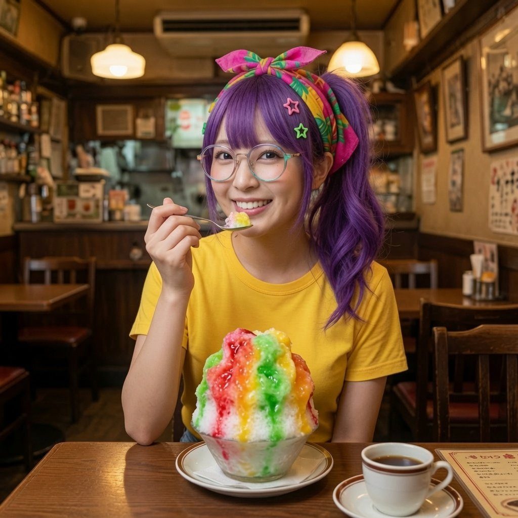 A young woman with purple hair and glasses smiles while eating a colorful shaved ice dessert in a cozy cafe.