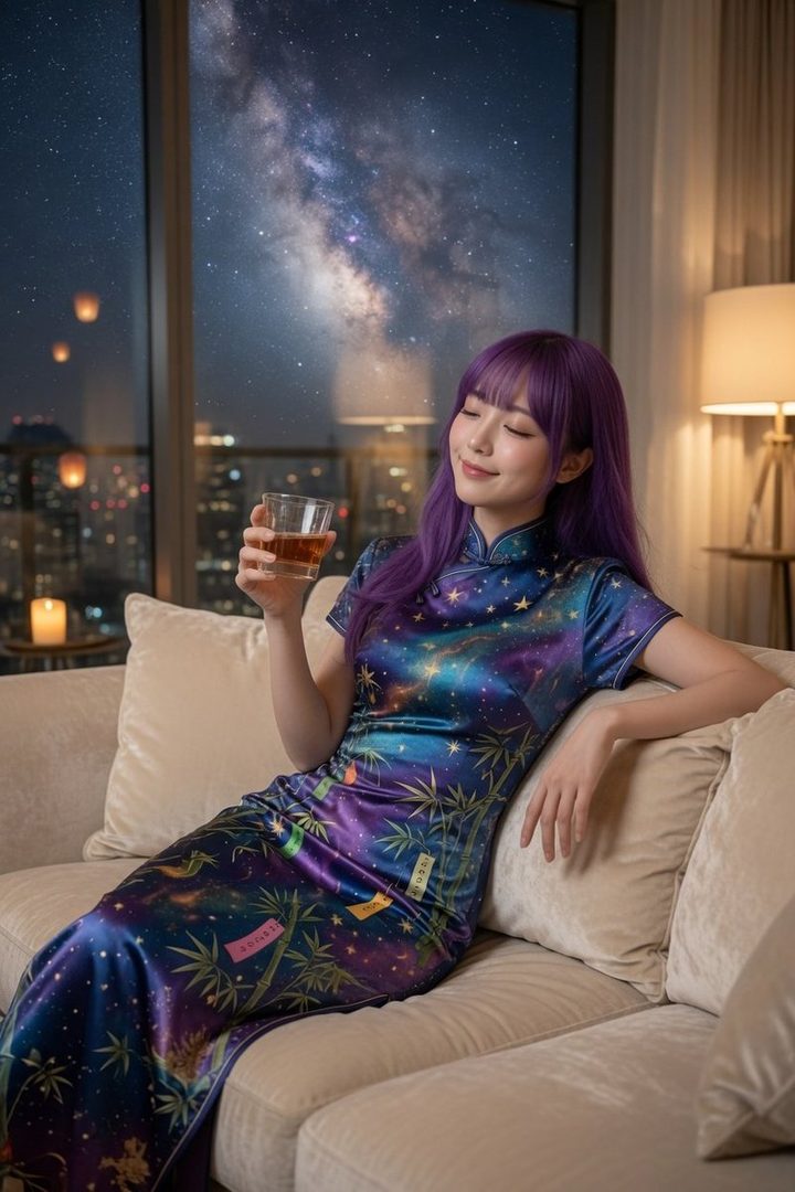 A woman with purple hair wearing a galaxy-patterned cheongsam sits on a sofa, holding a drink, with a city night view and starry sky visible outside a large window.