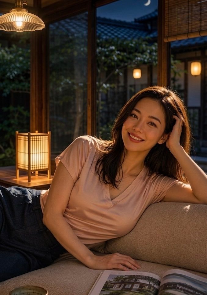 A beautiful East Asian woman with long brown hair smiles while relaxing on a couch indoors at night, with traditional Japanese architecture visible outside.