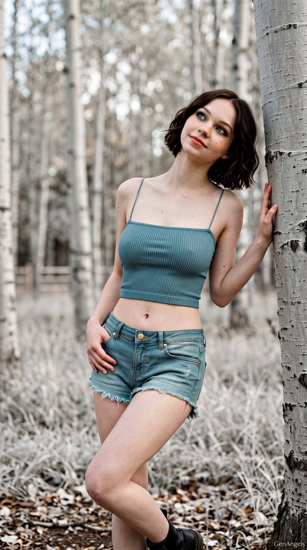 A young woman with short brown hair and a teal crop top stands in a birch forest, leaning against a tree.