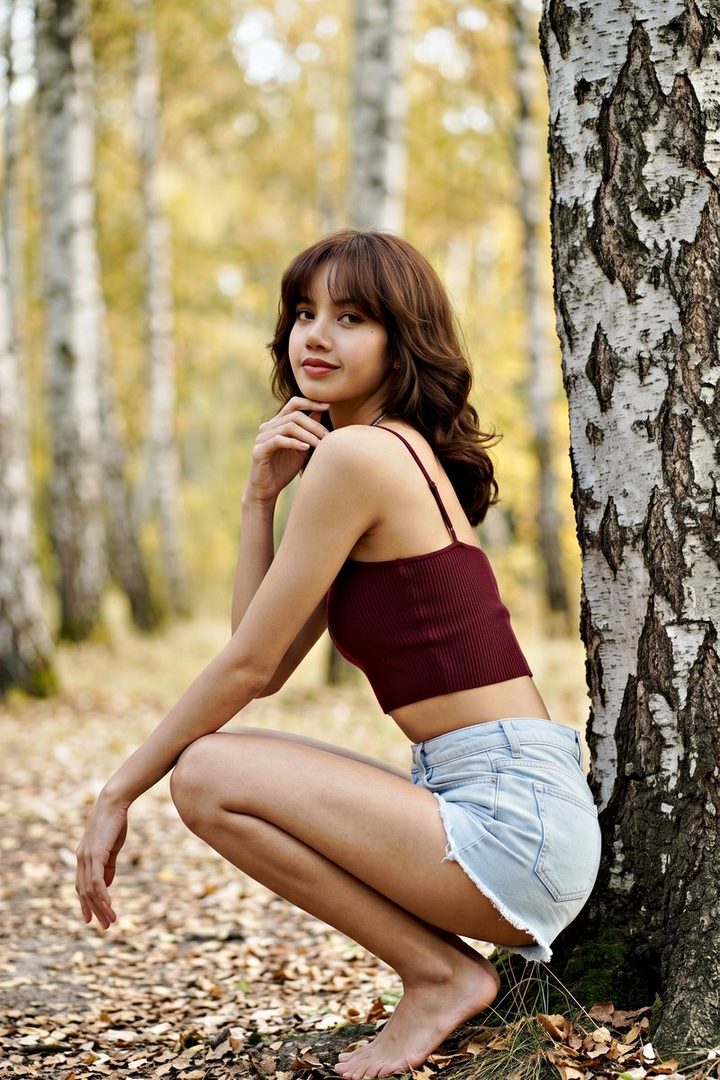 A young woman with brown hair and bangs, wearing a maroon crop top and denim shorts, squats barefoot next to a birch tree in an autumn forest.