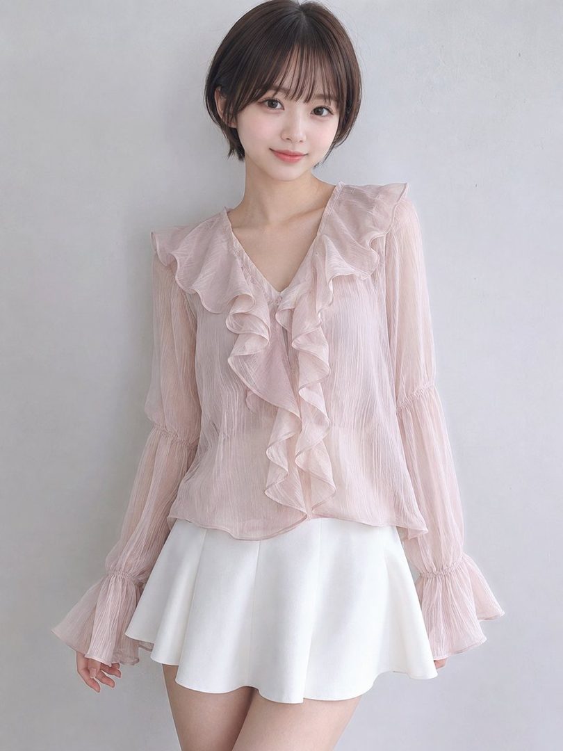 A young woman with short brown hair and bangs wears a sheer ruffled pink blouse and a white mini skirt, posing indoors.