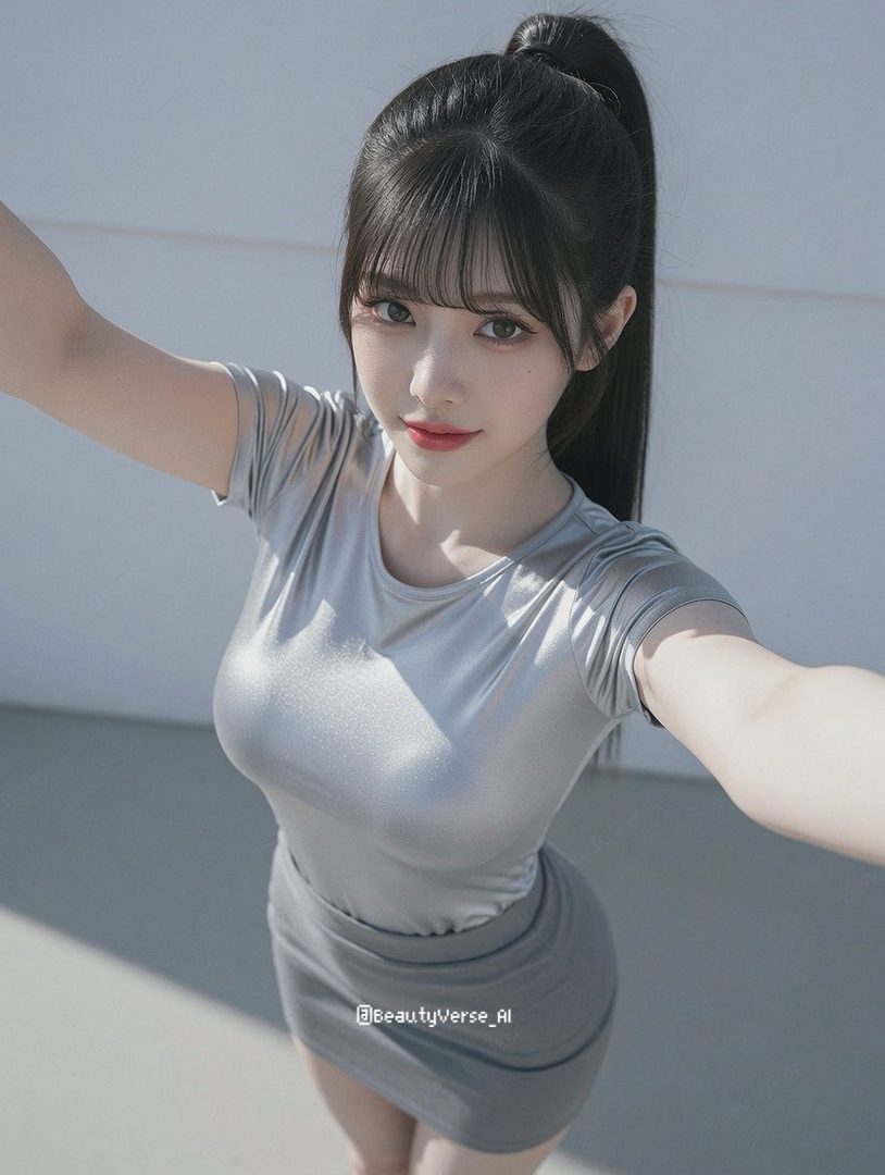 A photorealistic AI-generated image of a young woman with black hair in a ponytail and bangs, wearing a silver top and grey skirt, taking a selfie.