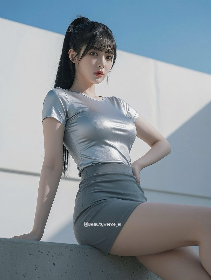 A young woman with black hair in a ponytail and bangs, wearing a silver top and a grey skirt, sits outdoors under a blue sky.