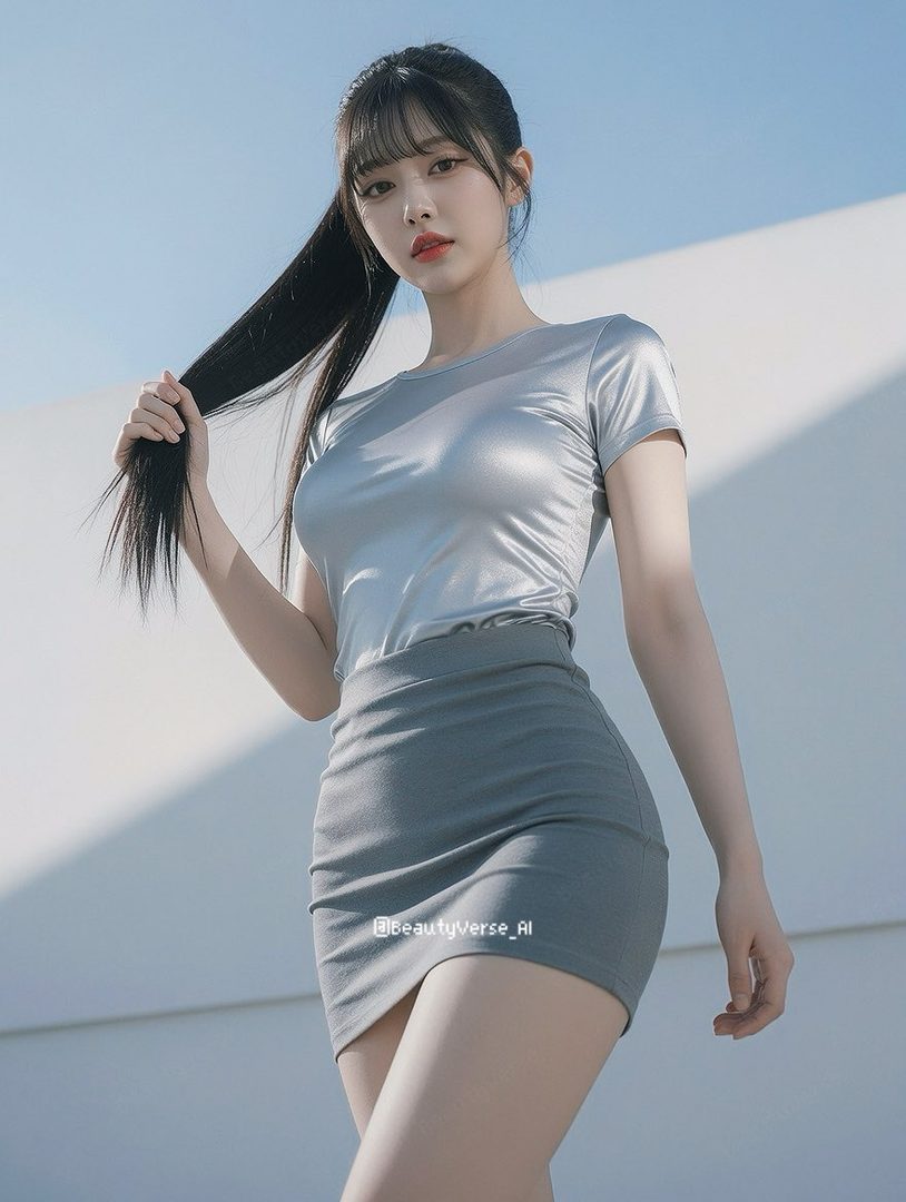 A young woman with black hair in a ponytail wears a silver top and grey skirt outdoors under a clear sky.