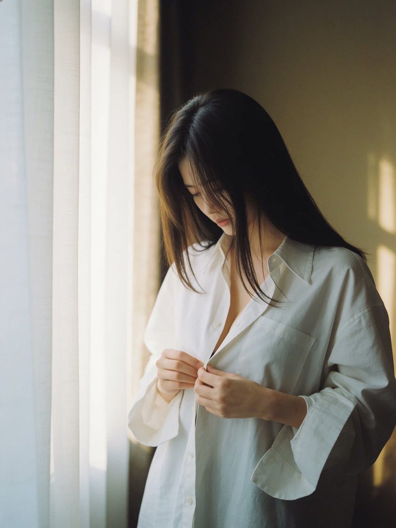 A woman with long dark hair buttons her white shirt while standing by a window with soft light.