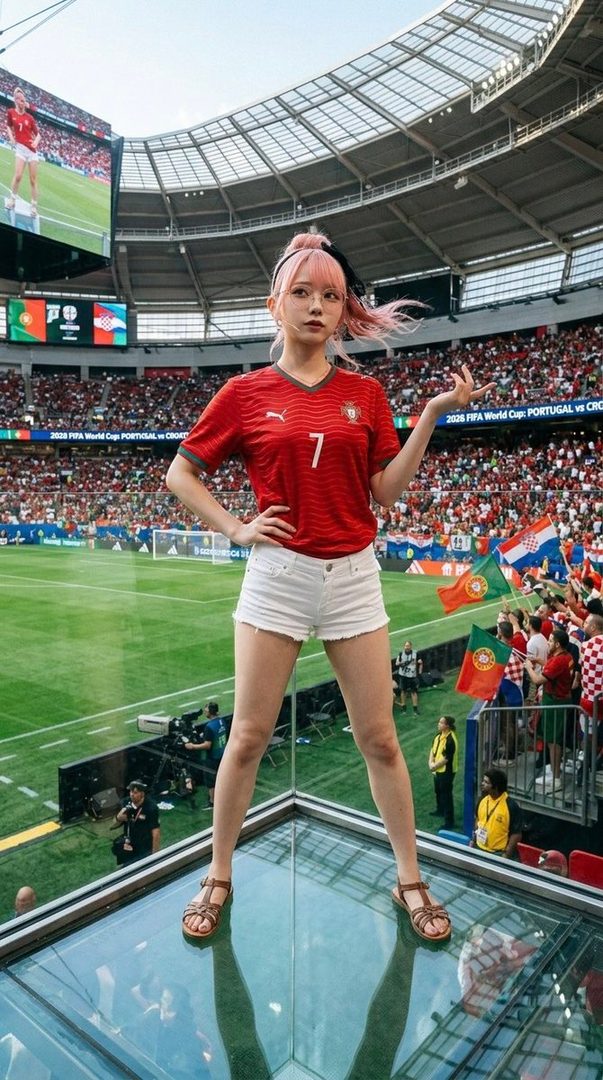 A young woman with pink hair wearing a red Portugal soccer jersey and white shorts stands on a glass platform in a stadium during a World Cup match.