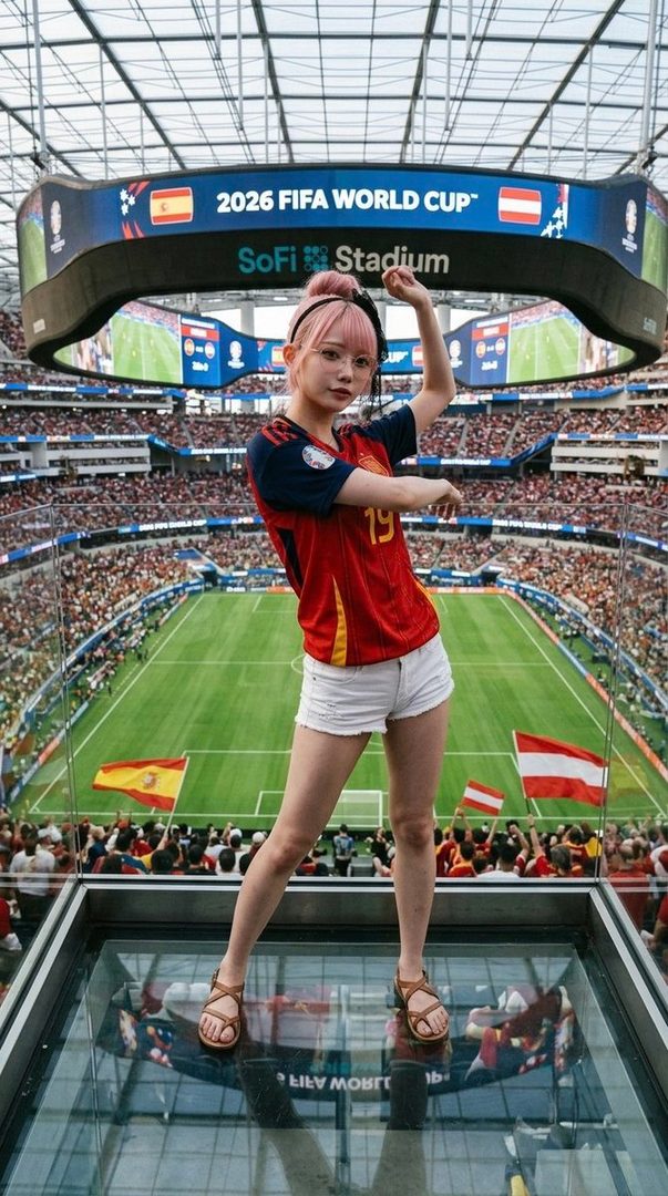 A young woman with pink hair and glasses, wearing a red and blue soccer jersey and white shorts, poses in a stadium with a large screen displaying "2026 FIFA WORLD CUP" and flags of Spain and Austria.