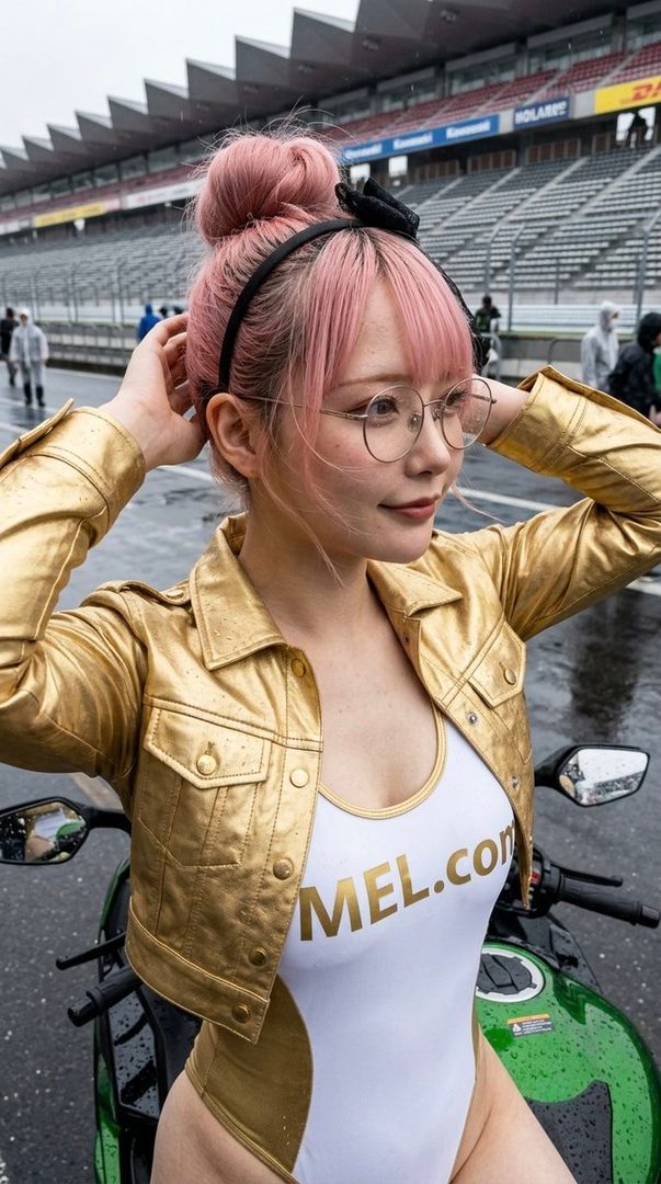 A woman with pink hair and glasses, wearing a gold jacket and white and gold bodysuit, poses on a motorcycle at a racetrack.