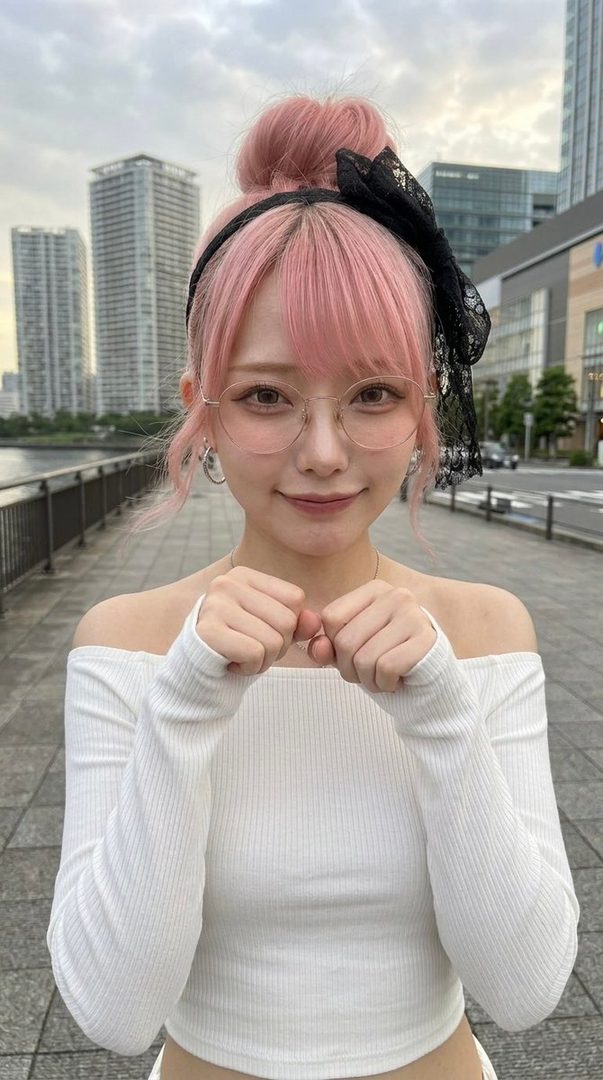 A cute young woman with pink hair and glasses poses on a city street, making a cat-like gesture with her hands.