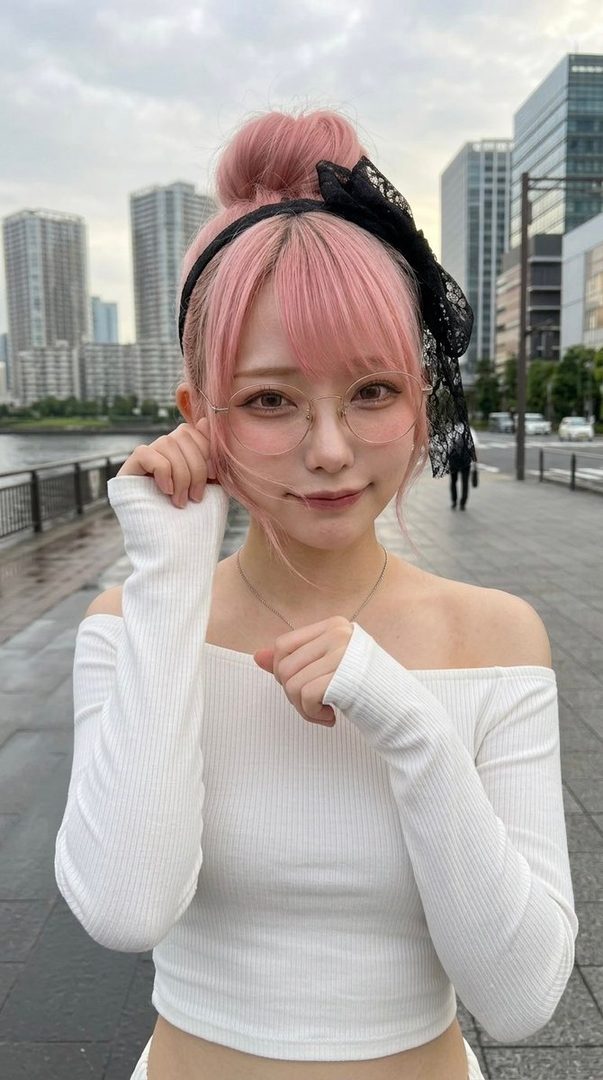 A cute Japanese woman with pink hair and glasses poses on a city street.