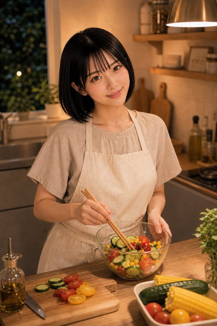 A young woman with short black hair and bangs, wearing a beige apron, smiles while mixing a fresh salad in a kitchen.