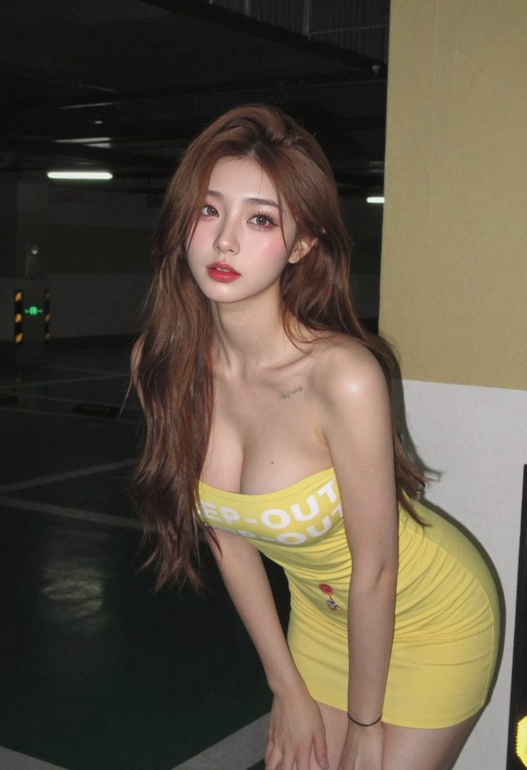 A photorealistic portrait of a woman with long brown hair wearing a yellow strapless dress in an indoor parking garage at night.