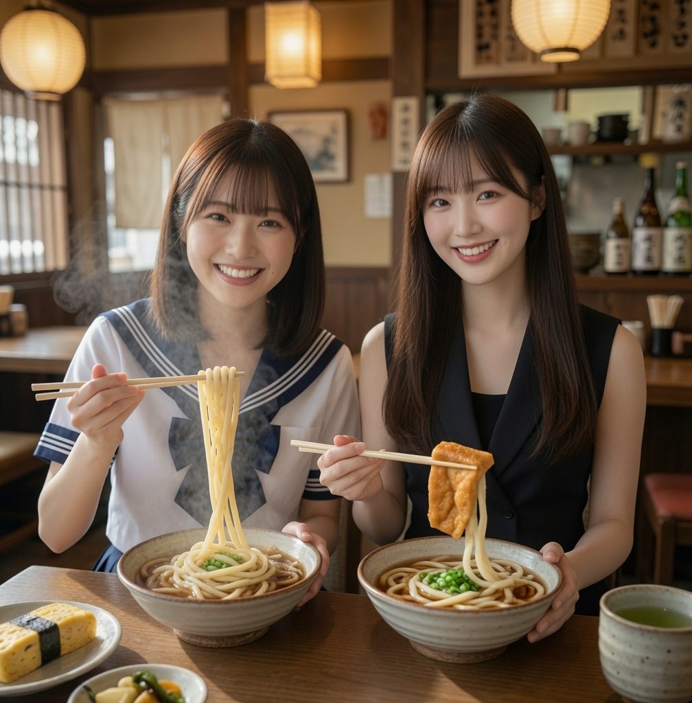 Two young women are smiling and eating udon noodles in a traditional Japanese restaurant.