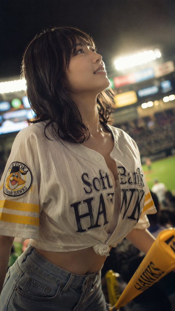A young woman in a tied-up baseball jersey and denim shorts looks up at a night baseball stadium.