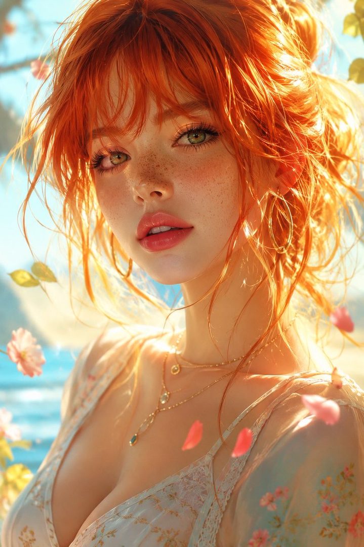 A photorealistic portrait of a red-haired woman with freckles and green eyes, wearing a light floral dress, with a dreamy outdoor background.