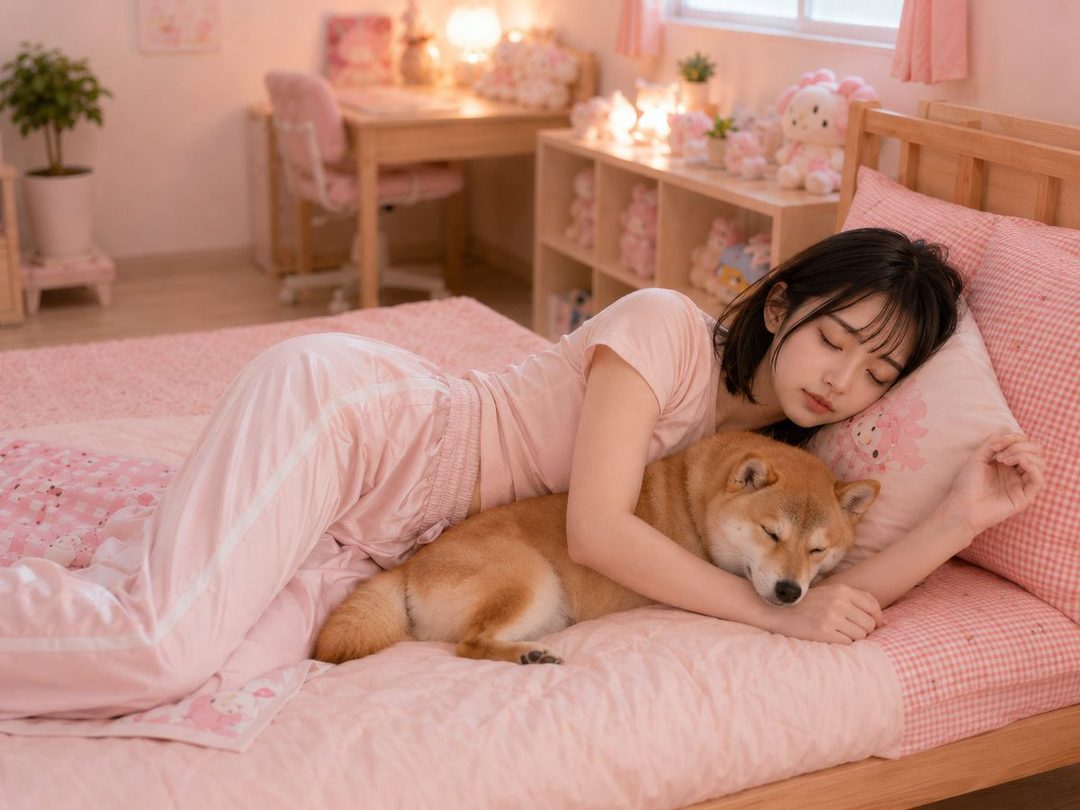 A young woman with black hair and bangs sleeps peacefully in a pink bedroom, cuddling with a Shiba Inu dog.