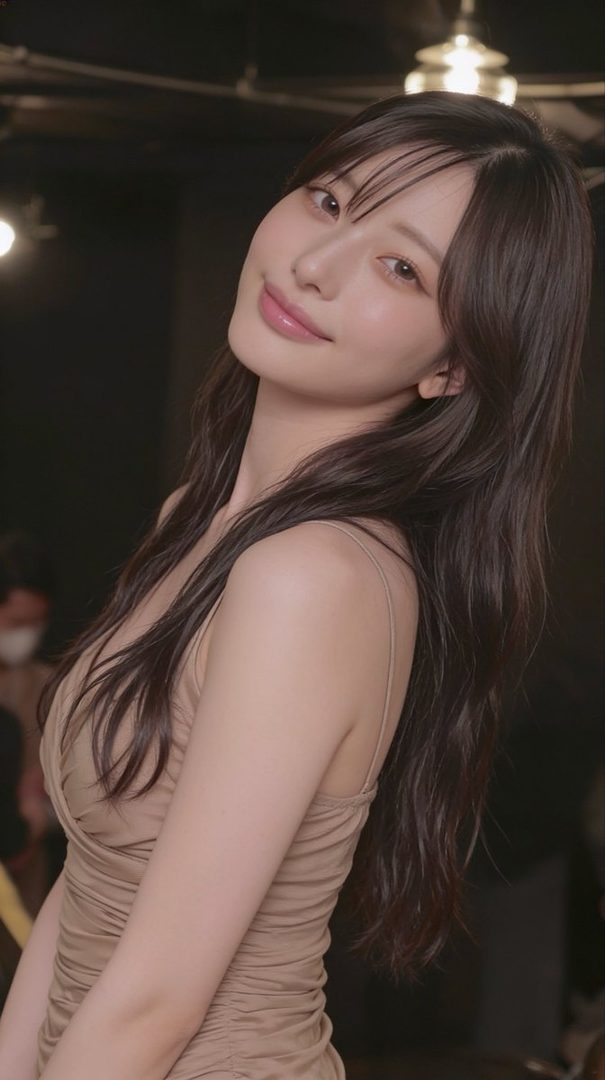 A beautiful East Asian woman with long brown hair and bangs, wearing a light brown dress, smiles gently while looking at the camera in an indoor setting.