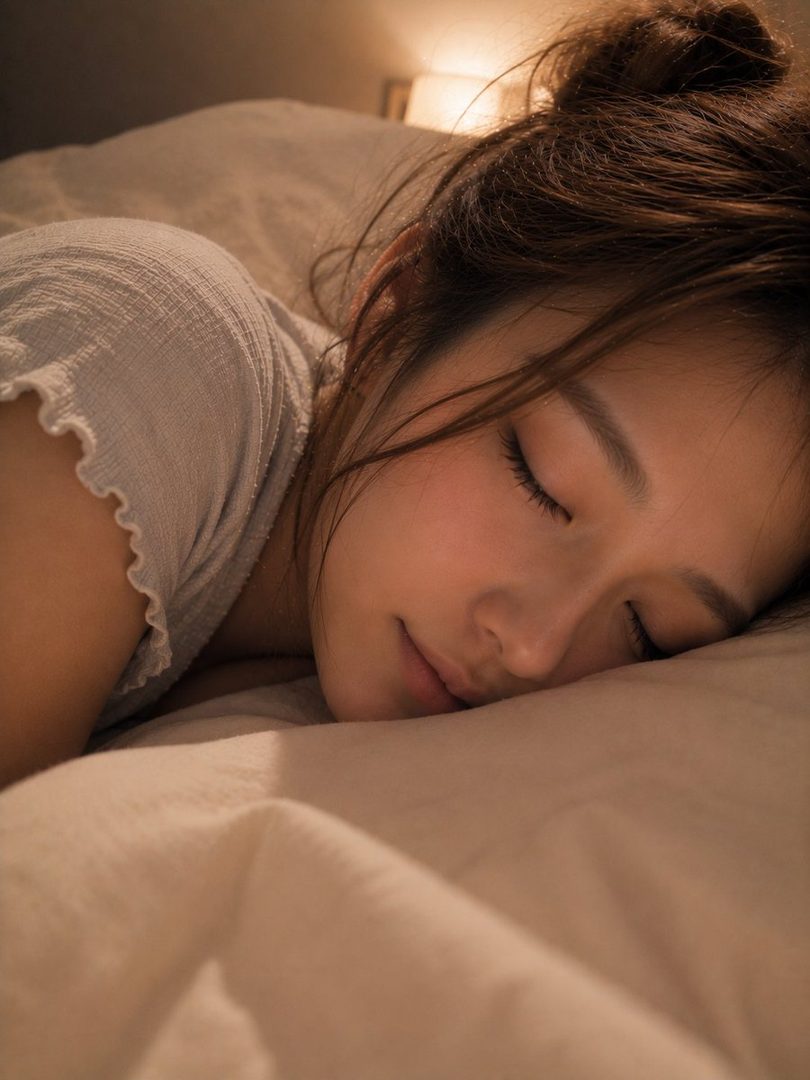 A photorealistic portrait of a young woman with brown hair sleeping peacefully on a pillow in a dimly lit bedroom.