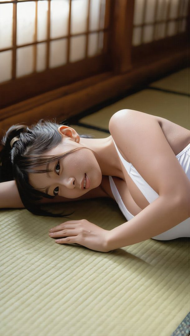 A young woman in a white swimsuit lies on a tatami mat, looking towards the camera.