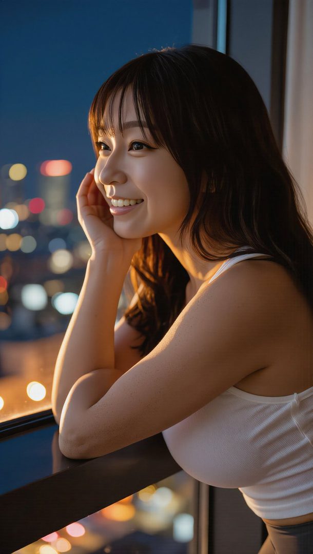 A smiling woman with long dark hair and bangs looks out a window at a city night view, resting her chin on her hand.