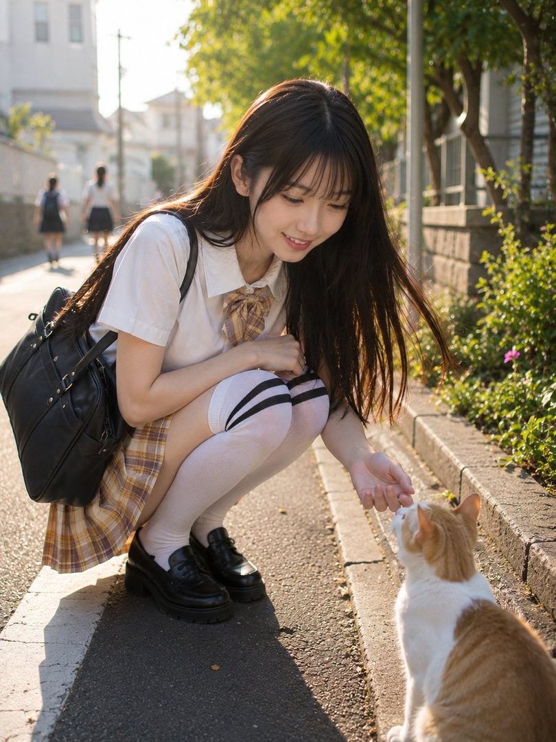 A young woman in a Japanese school uniform crouches down to pet a cat on a sunny street.