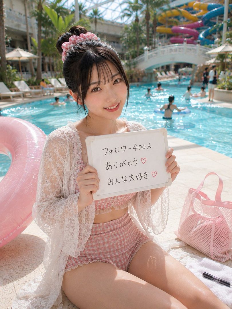 A young woman in a pink gingham swimsuit and white lace cover-up sits by a swimming pool, holding a whiteboard with Japanese text.
