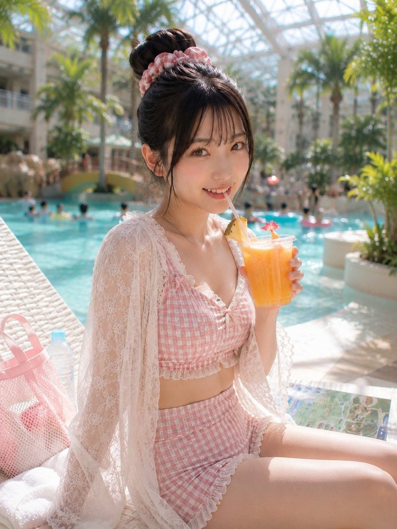 A young woman in a pink gingham swimsuit and white lace cover-up sips a drink by a swimming pool.
