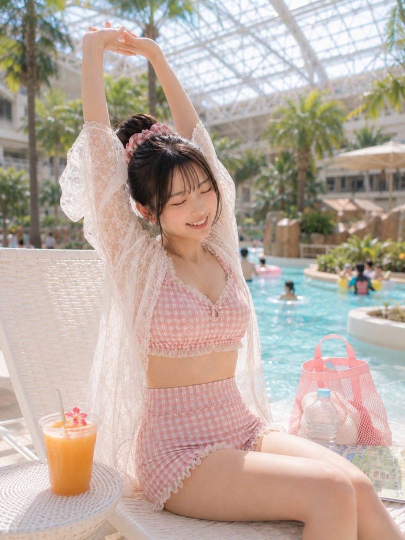 A young woman in a pink gingham swimsuit and a white lace cover-up stretches her arms above her head while relaxing by a pool.