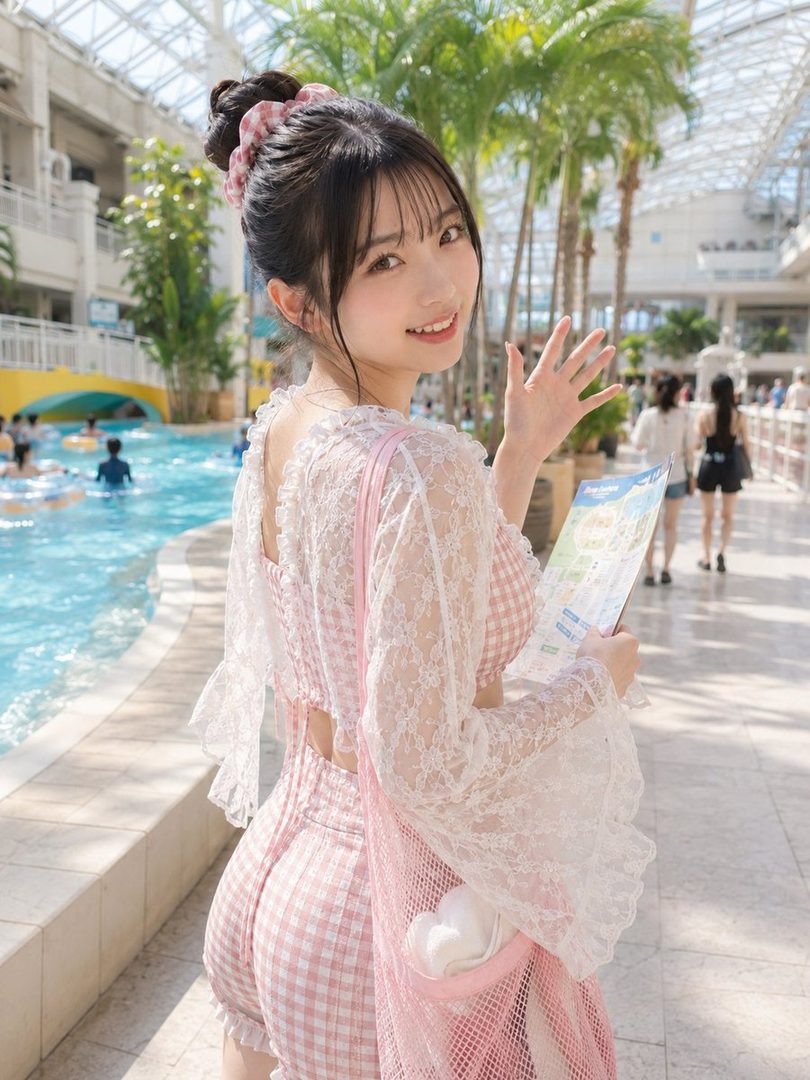 A young woman with black hair tied up in a bun, wearing a pink gingham swimsuit and a white lace cover-up, smiles at the camera while holding a map at an indoor water park.
