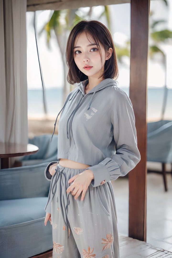 A young woman with short brown hair wears a grey cropped hoodie and matching pants with floral embroidery, standing indoors with a beach view in the background.