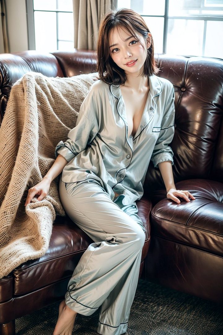 A beautiful East Asian woman with short brown hair sits on a brown leather couch, wearing light blue silk pajamas with a deep V-neck, looking at the camera.