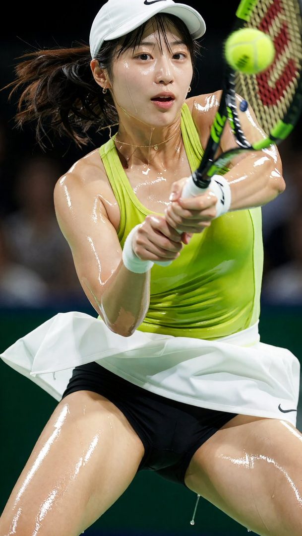 A female tennis player in a white cap and lime green top, intensely focused during a match, with sweat visible on her skin.