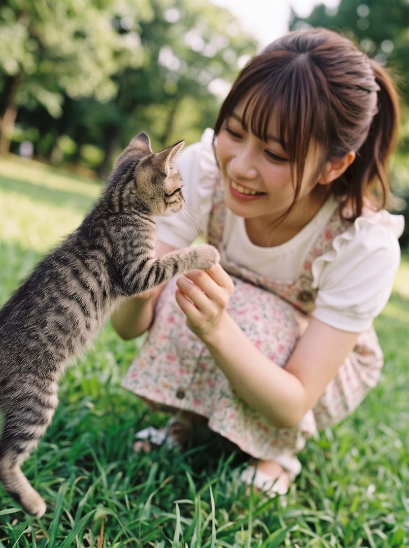 A young woman with brown hair in a ponytail and bangs, wearing a floral dress, crouches in a grassy outdoor setting, smiling as she interacts with a small tabby kitten.