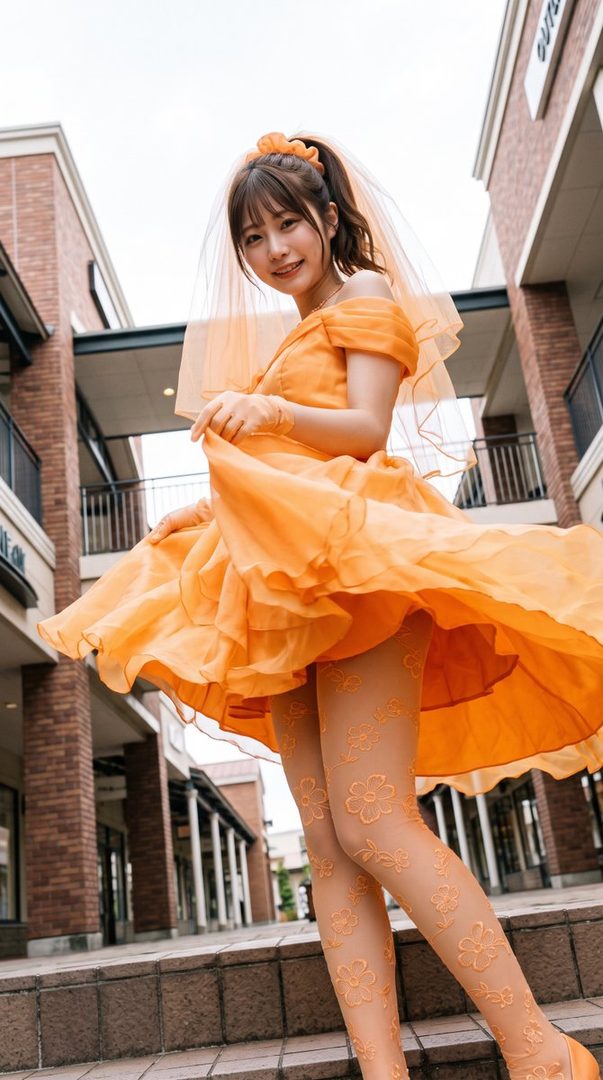 A young woman in an orange dress and patterned tights poses outdoors, looking up at the camera with a smile.