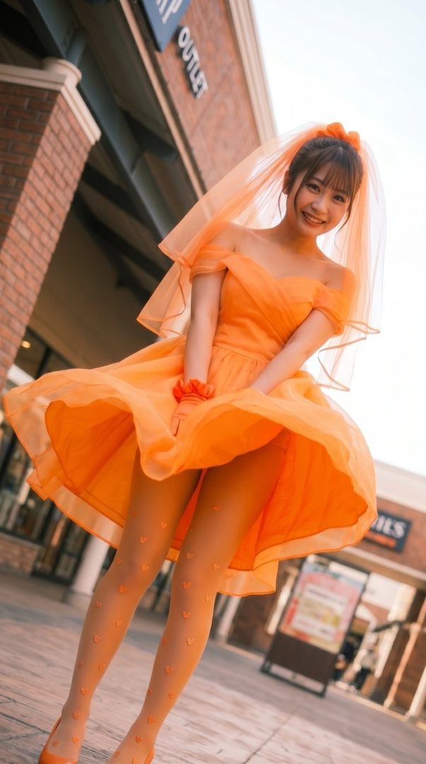 A young woman in an orange off-shoulder dress and veil smiles playfully outdoors, with her skirt blowing in the wind.