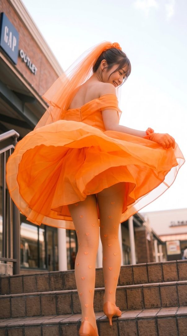 A young woman in an orange dress and heart-patterned tights smiles while walking up stairs outdoors.