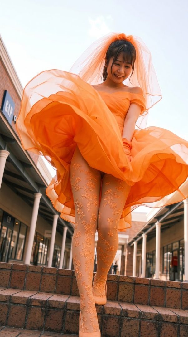 A young woman in a vibrant orange dress and patterned tights smiles as her skirt billows in the wind on a street.