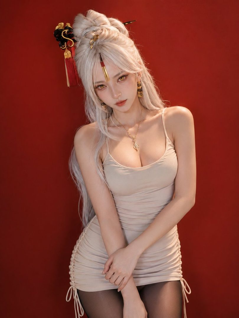 A woman with long white hair and traditional hair ornaments poses in a beige ruched dress against a red background.
