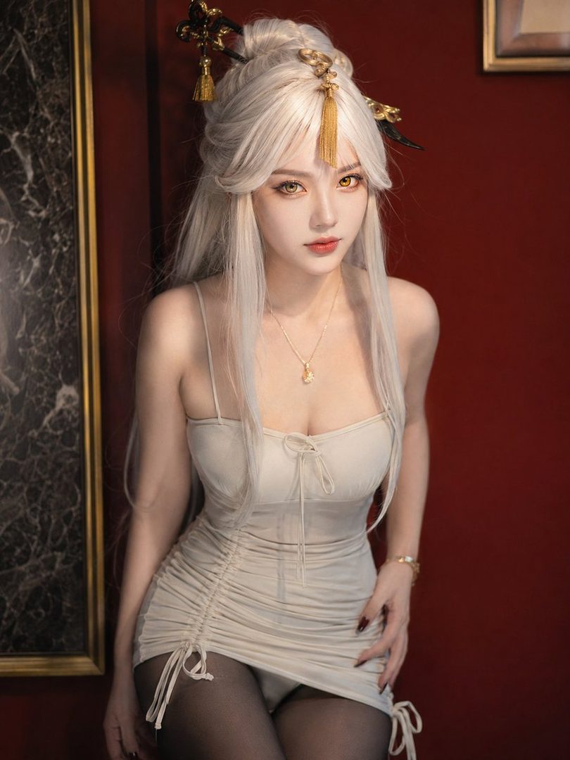 A photorealistic portrait of a woman with long white hair and golden eyes, wearing a beige ruched dress, against a dark red background.