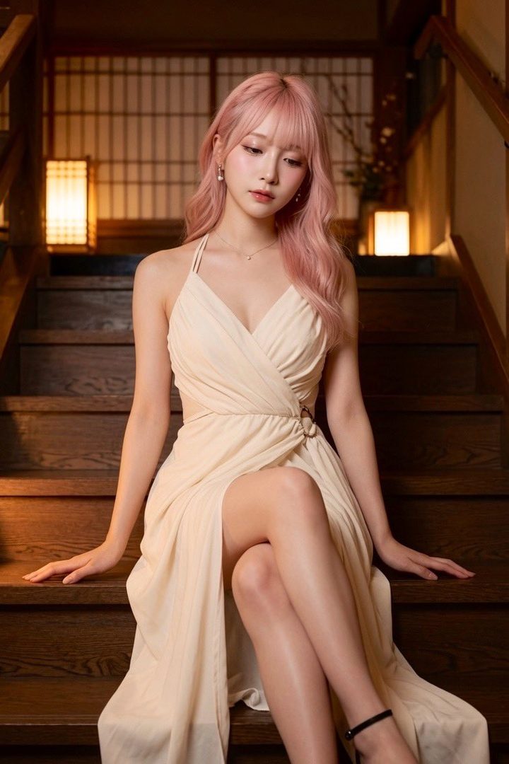 A woman with long pink hair and bangs, wearing a light-colored dress, sits gracefully on wooden stairs indoors.