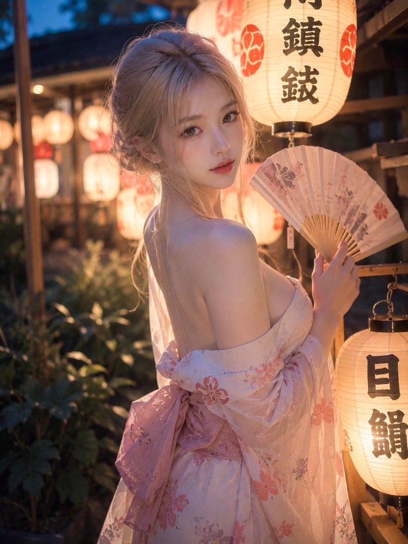 A blonde woman in a pink kimono holds a fan while standing outdoors at night with traditional Japanese lanterns.